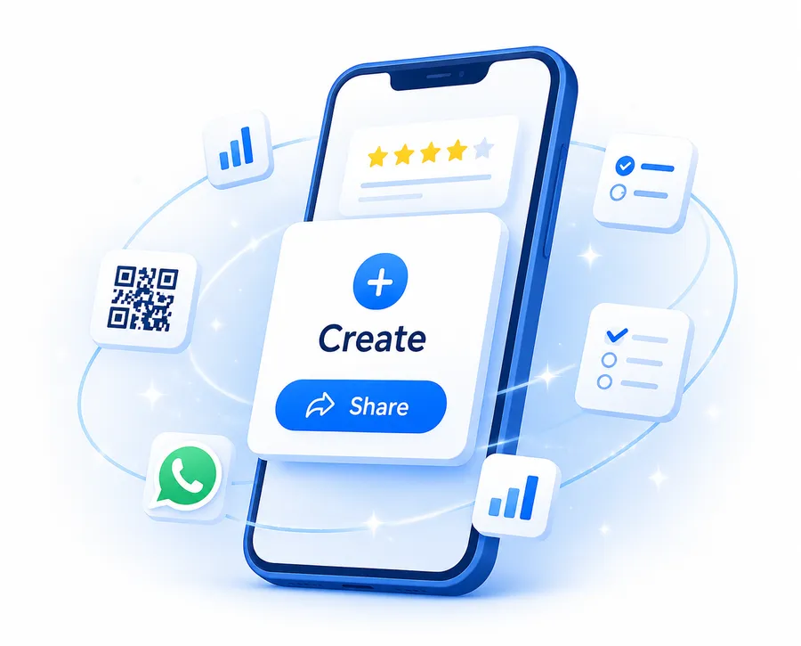 SurveyHeart mobile app - create a form and share it by QR code, WhatsApp and link
