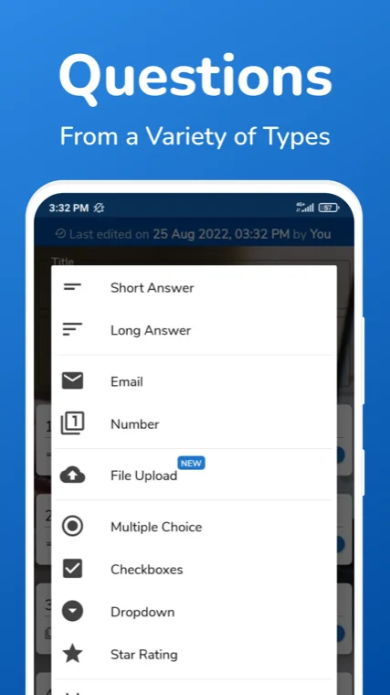 SurveyHeart question type picker showing short answer, email, file upload, multiple choice and more